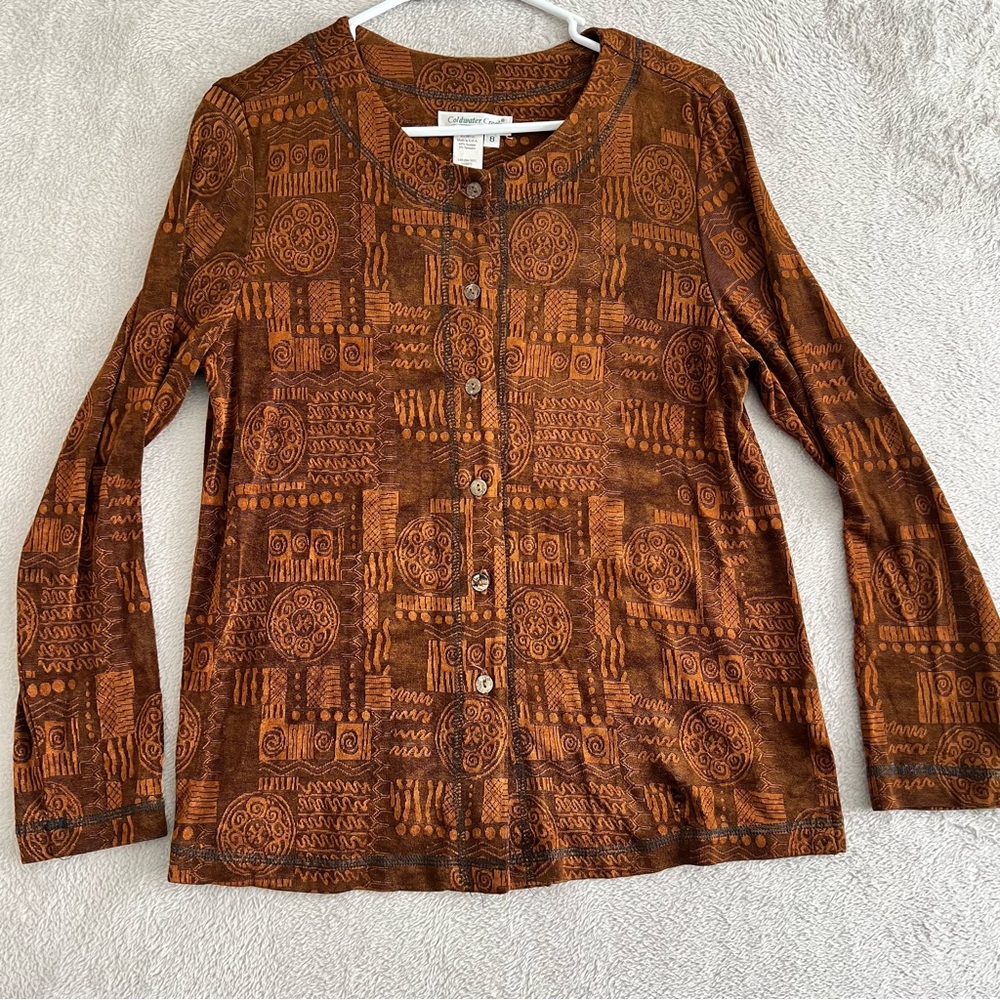 Coldwater Creek Shirt Womens size‎ 8 Button up Jacquard Whimsigoth Vintage Brown